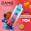 Bang Legend 110K 3-in-1 disposable vape with Mixed Berries, Passion Fruit Mango, and LOVE66 flavors (110000 puffs)