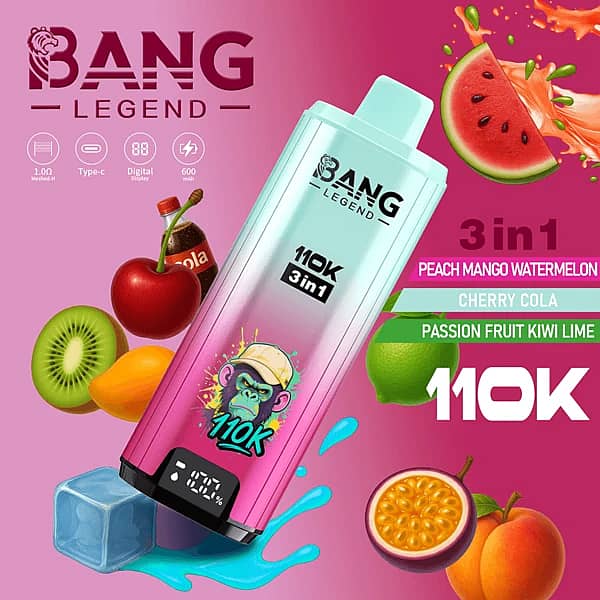 Bang Legend 110K 3-in-1 disposable vape with Peach Mango Watermelon, Cherry Cola, and Passion Fruit Kiwi Lime flavors (110000 puffs)