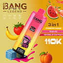 Bang Legend 110K 3-in-1 disposable vape with Strawberry Banana, Peach Ice, and Watermelon Sour Peach flavors (110000 puffs)