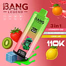 Bang Legend 110K 3-in-1 disposable vape with Strawberry Kiwi, Black Dragon Ice, and Lemon Lime flavors (110000 puffs)