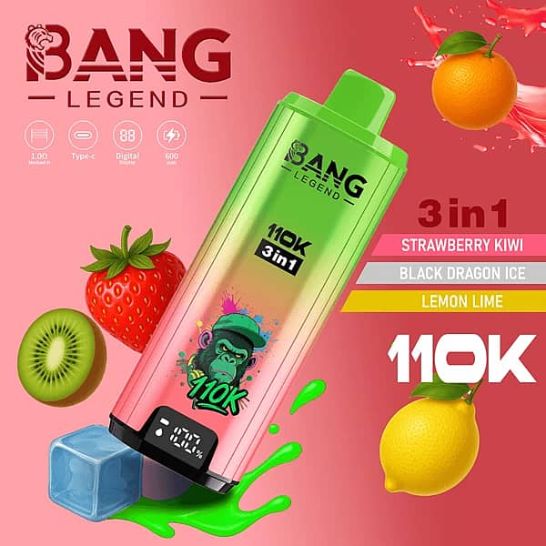 Bang Legend 110K 3-in-1 disposable vape with Strawberry Kiwi, Black Dragon Ice, and Lemon Lime flavors (110000 puffs)