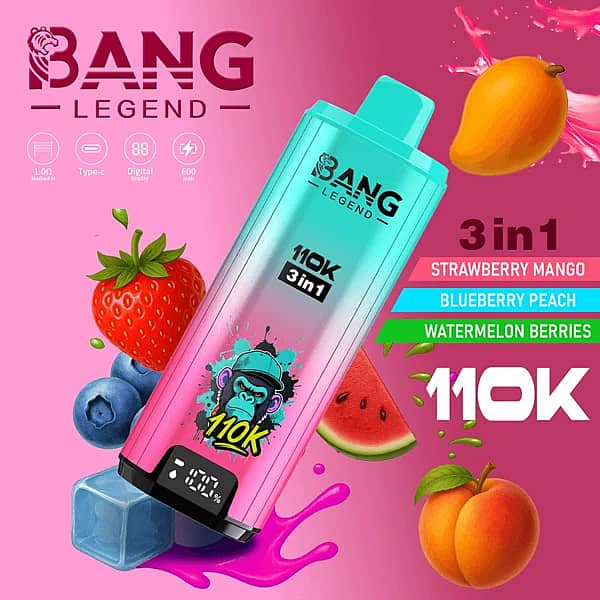 Bang Legend 110K 3-in-1 disposable vape with Strawberry Mango, Blueberry Peach, and Watermelon Berries flavors (110000 puffs)