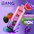 Bang Legend 110K 3-in-1 disposable vape with Strawberry Watermelon, Grape Blackberry, and Lime Romance flavors (110000 puffs)