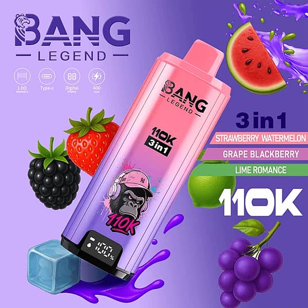 Bang Legend 110K 3-in-1 disposable vape with Strawberry Watermelon, Grape Blackberry, and Lime Romance flavors (110000 puffs)