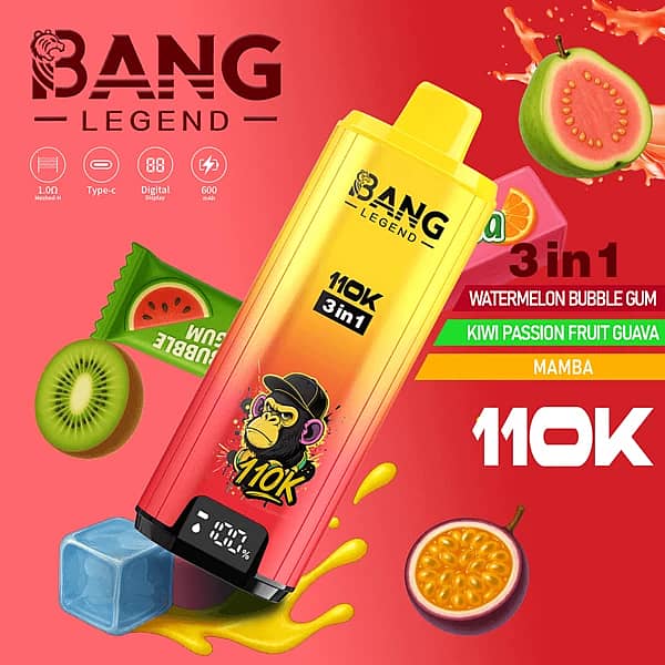 Bang Legend 110K 3-in-1 disposable vape with Watermelon Bubble Gum, Kiwi Passion Fruit Guava, and Mamba flavors (110000 puffs)