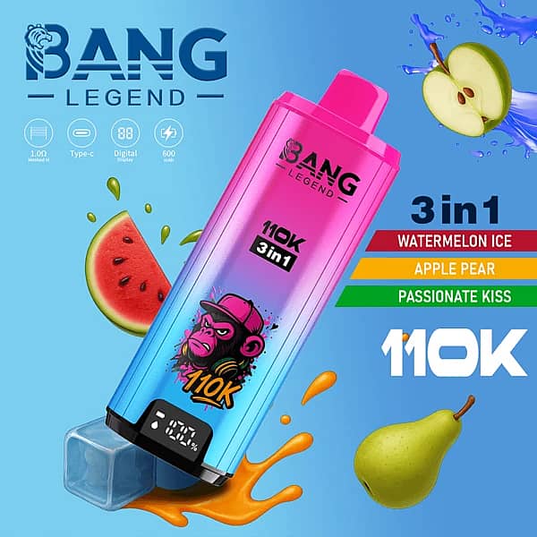 Bang Legend 110K 3-in-1 disposable vape with Watermelon Ice, Apple Pear, and Passionate Kiss flavors (110000 puffs)