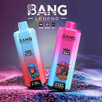 Bang Legend 110K 3-in-1 disposable vape device image showing two gradient-color vapes with 110000 puffs and Type-C charging