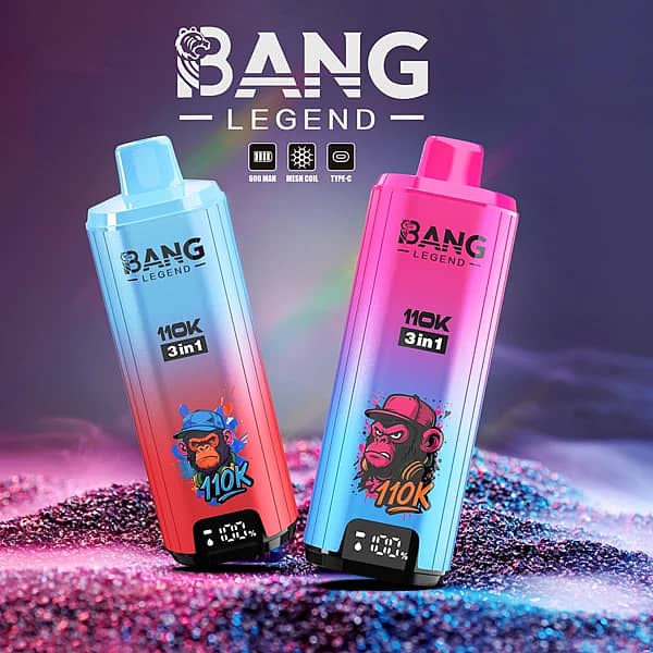 Bang Legend 110K 3-in-1 disposable vape device image showing two gradient-color vapes with 110000 puffs and Type-C charging