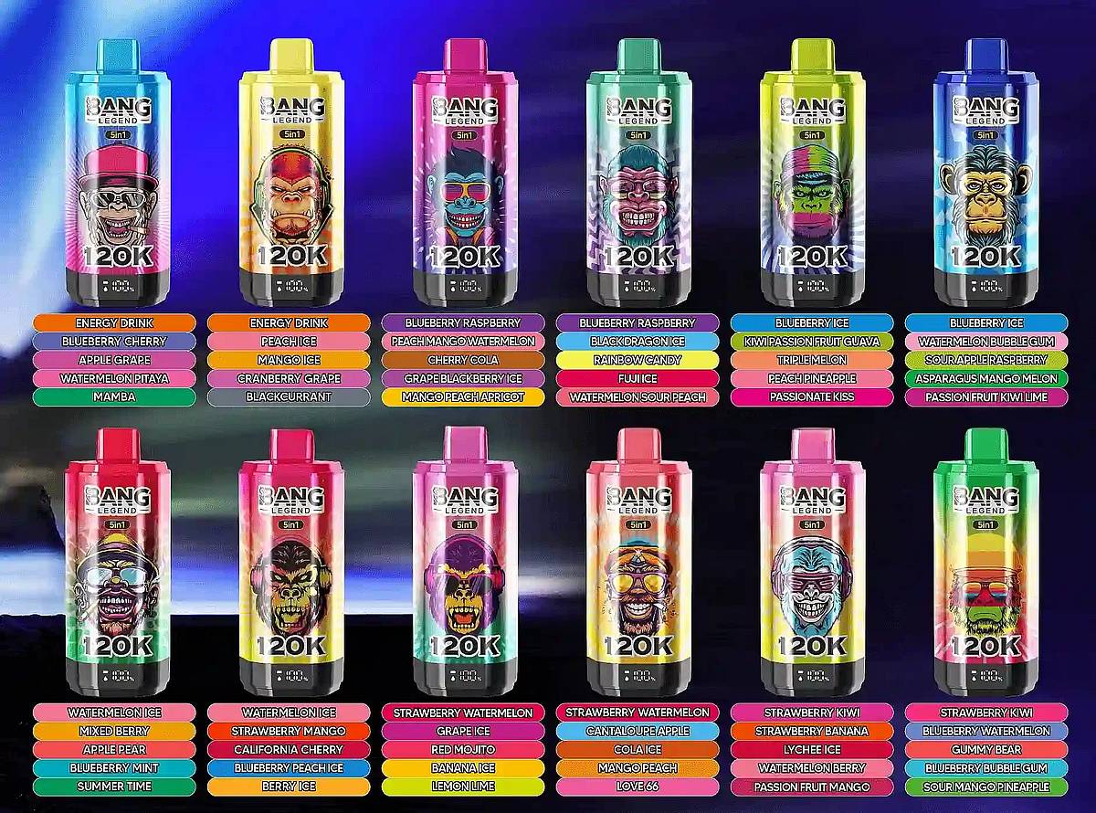 Bang Legend 120K 5-in-1 disposable vape flavors chart showing multiple device designs with 360&deg; rotating flavor system, including Energy Drink, Blueberry Ice, Watermelon Ice, Strawberry Watermelon, and Strawberry Kiwi flavor sets