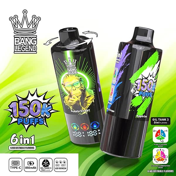Bang Legend 150K Apple Ice / Apple Grape / Blueberry Grape disposable vape with 150K puffs, 6-in-1 adjustable flavors, Type-C, 850mAh, LED screen