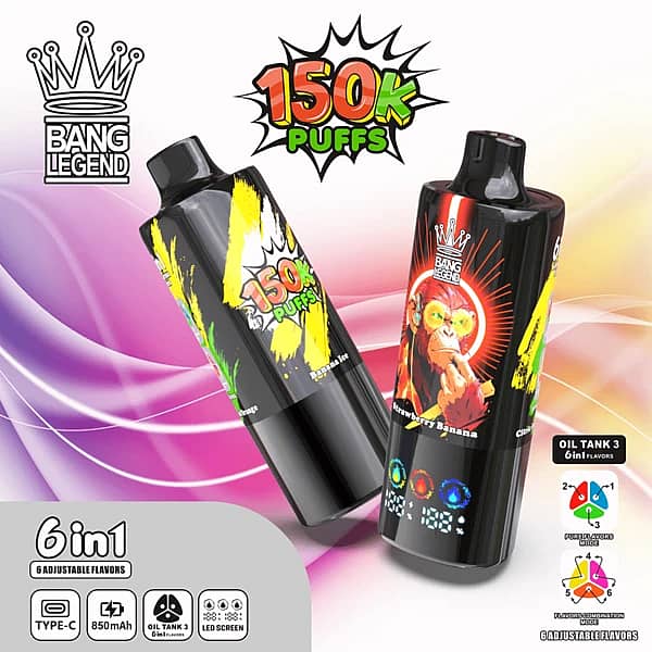 Bang Legend 150K Banana Ice / Strawberry Banana / Citric Acid Orange disposable vape with 150K puffs, 6-in-1 adjustable flavors, Type-C, 850mAh, LED screen