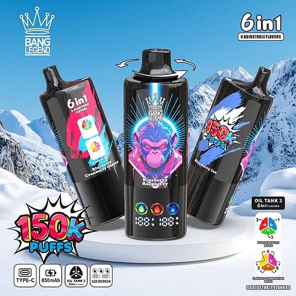 Bang Legend 150K Blueberry Ice / Blueberry Raspberry / Blueberry Cranberry Cherry disposable vape with 150K puffs, 6-in-1 adjustable flavors, Type-C, 850mAh, LED screen