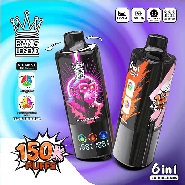 Bang Legend 150K Cherry Ice / Mixed Berries / Red Cola disposable vape with 150K puffs, 6-in-1 adjustable flavors, Type-C, 850mAh, LED screen