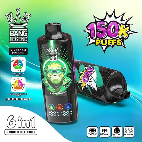Bang Legend 150K Passion Fruit / Guava Lime / Passion Fruit Lemon disposable vape with 150K puffs, 6-in-1 adjustable flavors, Type-C, 850mAh, LED screen