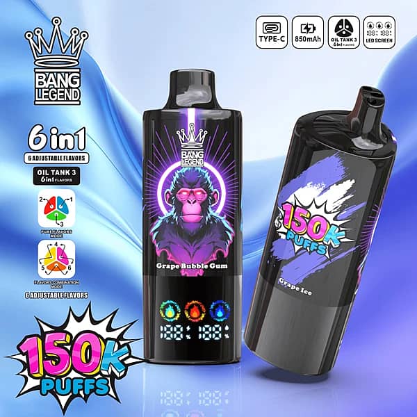 Bang Legend 150K Grape Ice / Grape Bubble Gum / Raspberry Grapes disposable vape with 150K puffs, 6-in-1 adjustable flavors, Type-C, 850mAh, LED screen
