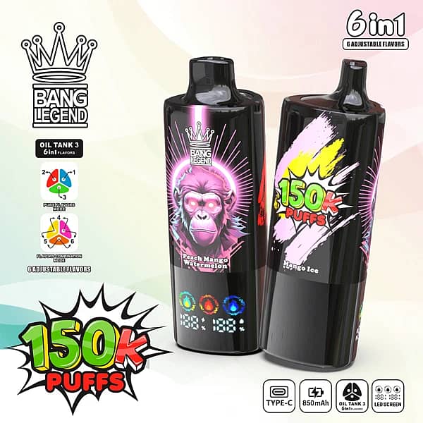 Bang Legend 150K Mango Ice / Peach Mango Watermelon / Gummy Bear disposable vape with 150K puffs, 6-in-1 adjustable flavors, Type-C, 850mAh, LED screen