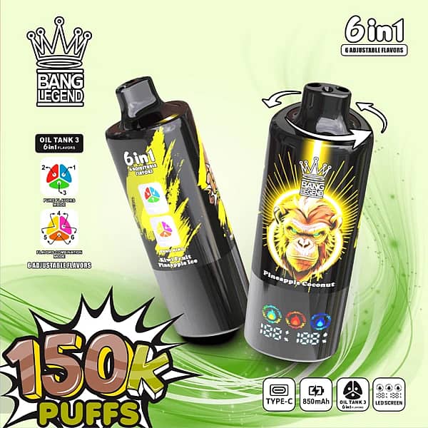 Bang Legend 150K Pineapple Ice / Pineapple Coconut / Kiwi Fruit disposable vape with 150K puffs, 6-in-1 adjustable flavors, Type-C, 850mAh, LED screen