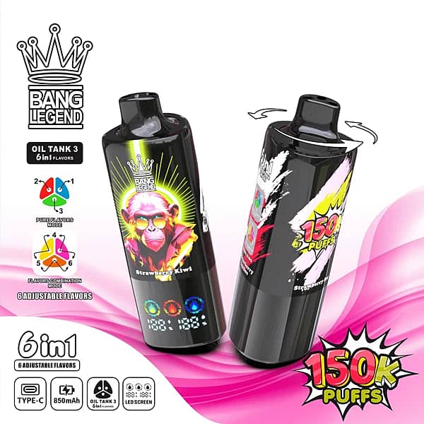 Bang Legend 150K Strawberry Ice / Strawberry Kiwi / Strawberry Lychee disposable vape with 150K puffs, 6-in-1 adjustable flavors, Type-C, 850mAh, LED screen