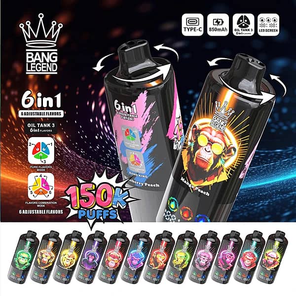 Bang Legend 150K disposable vape with 150K puffs, 6-in-1 adjustable flavors, Type-C charging, 850mAh battery, Oil Tank 3, LED screen