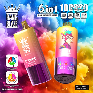 Bang Blaze 100K 6-in-1 adjustable flavors vape – Blueberry Ice, Raspberry Lemon, Watermelon Bubblegum (combo modes)