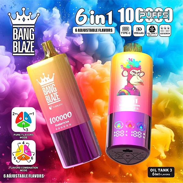 Bang Blaze 100K 6-in-1 adjustable flavors vape &ndash; Blueberry Ice, Raspberry Lemon, Watermelon Bubblegum (combo modes)