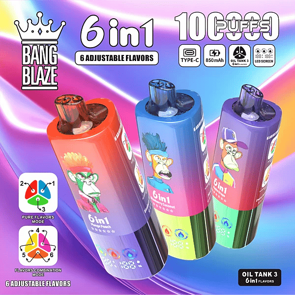 Bang Blaze 100K 6-in-1 adjustable flavors vape &ndash; Fuji Ice, Apple Grape, Cherry Pomegranate (combo modes)