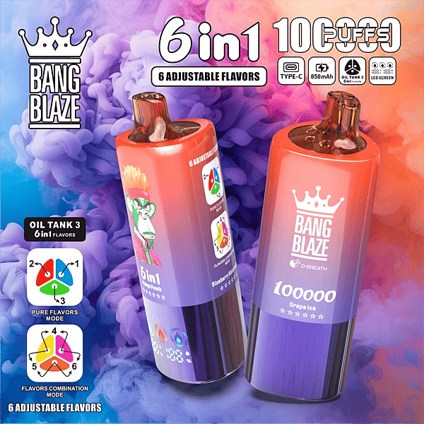 Bang Blaze 100K 6-in-1 adjustable flavors vape &ndash; Grape Ice, Mango Peach, Blueberry Watermelon (combo modes)