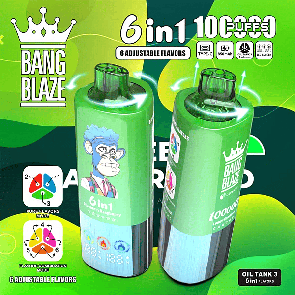 Bang Blaze 100K 6-in-1 adjustable flavors vape &ndash; Lemon Romance, Blueberry Raspberry, Peach Menthol (combo modes)