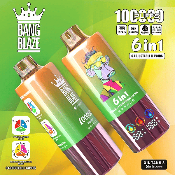 Bang Blaze 100K 6-in-1 adjustable flavors vape &ndash; Peach Ice, Blackcurrant Pineapple Ice, Green Apple Kiwi (combo modes)
