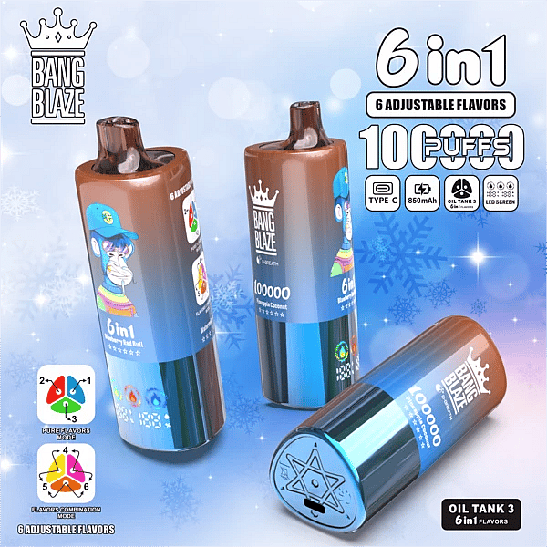 Bang Blaze 100K 6-in-1 adjustable flavors vape &ndash; Pineapple Coconut, Blueberry Red Bull, Watermelon Ice (combo modes)