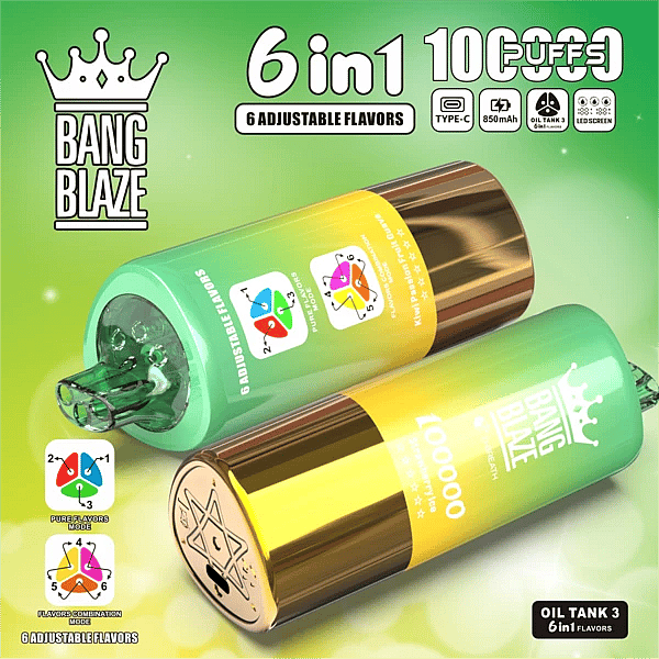Bang Blaze 100K 6-in-1 adjustable flavors vape &ndash; Strawberry Ice, Peach Lemon, Kiwi Passion Fruit Guava (combo modes)