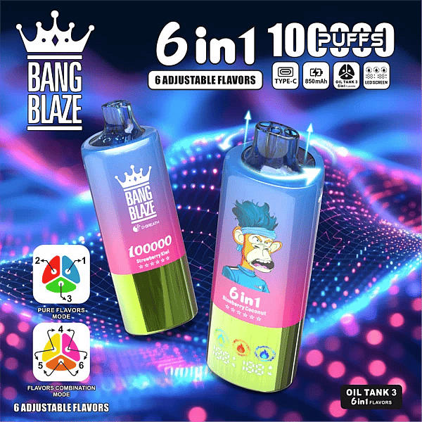 Bang Blaze 100K 6-in-1 adjustable flavors vape &ndash; Strawberry Kiwi, Blueberry Coconut, Mixed Berry (combo modes) product image