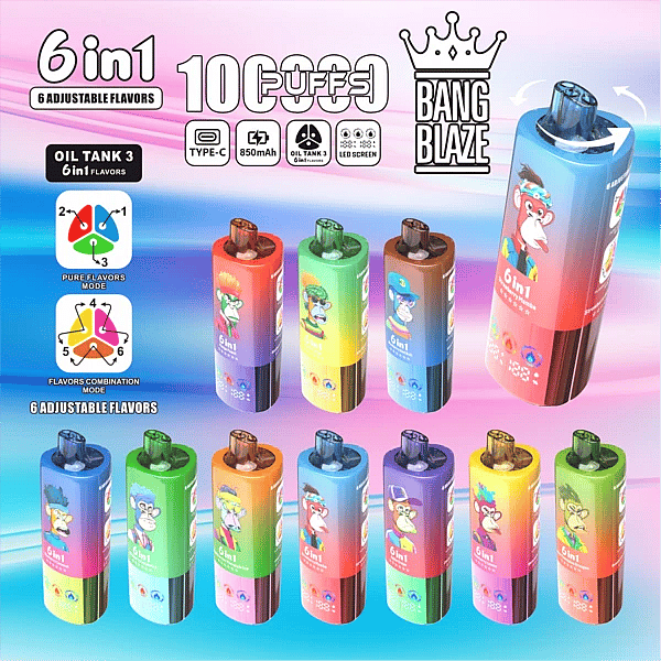 Bang Blaze 100K 6-in-1 adjustable flavors vape lineup &ndash; Watermelon Ice, Strawberry Mamba, Strawberry Watermelon (combo modes) promotional image