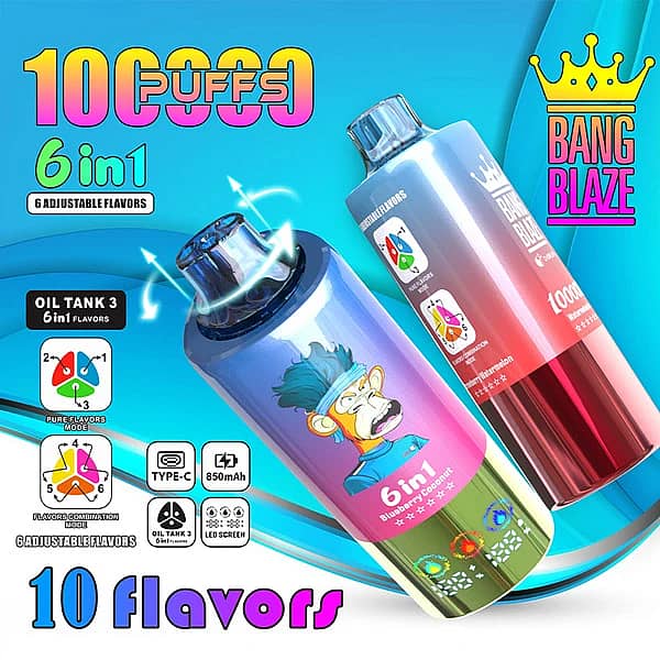 Bang Blaze 100K 6-in-1 adjustable flavors disposable vape main image with dual devices, Oil Tank 3 system, LED screen, and Type-C charging