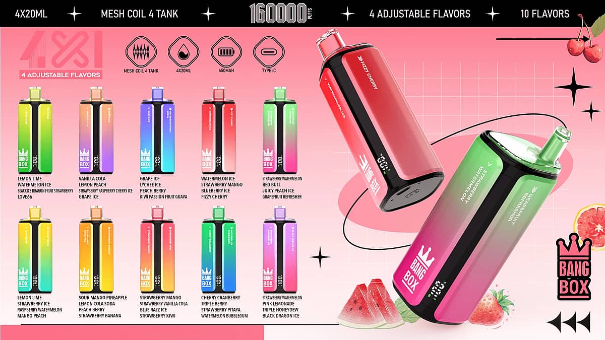 Bang Box 160K 4 in 1 disposable vape flavor lineup banner with 160000 puffs, mesh coil 4 tank design, 4x20ml e-liquid capacity, 650mAh battery, Type-C charging, and 10 multi-flavor combinations