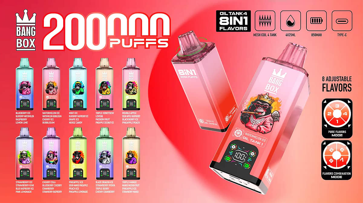Bang Box 200K 8 in 1 disposable vape banner featuring the full flavor lineup, 200000 puffs, smart screen display, mesh coil, 850mAh battery, and Type-C rechargeable design