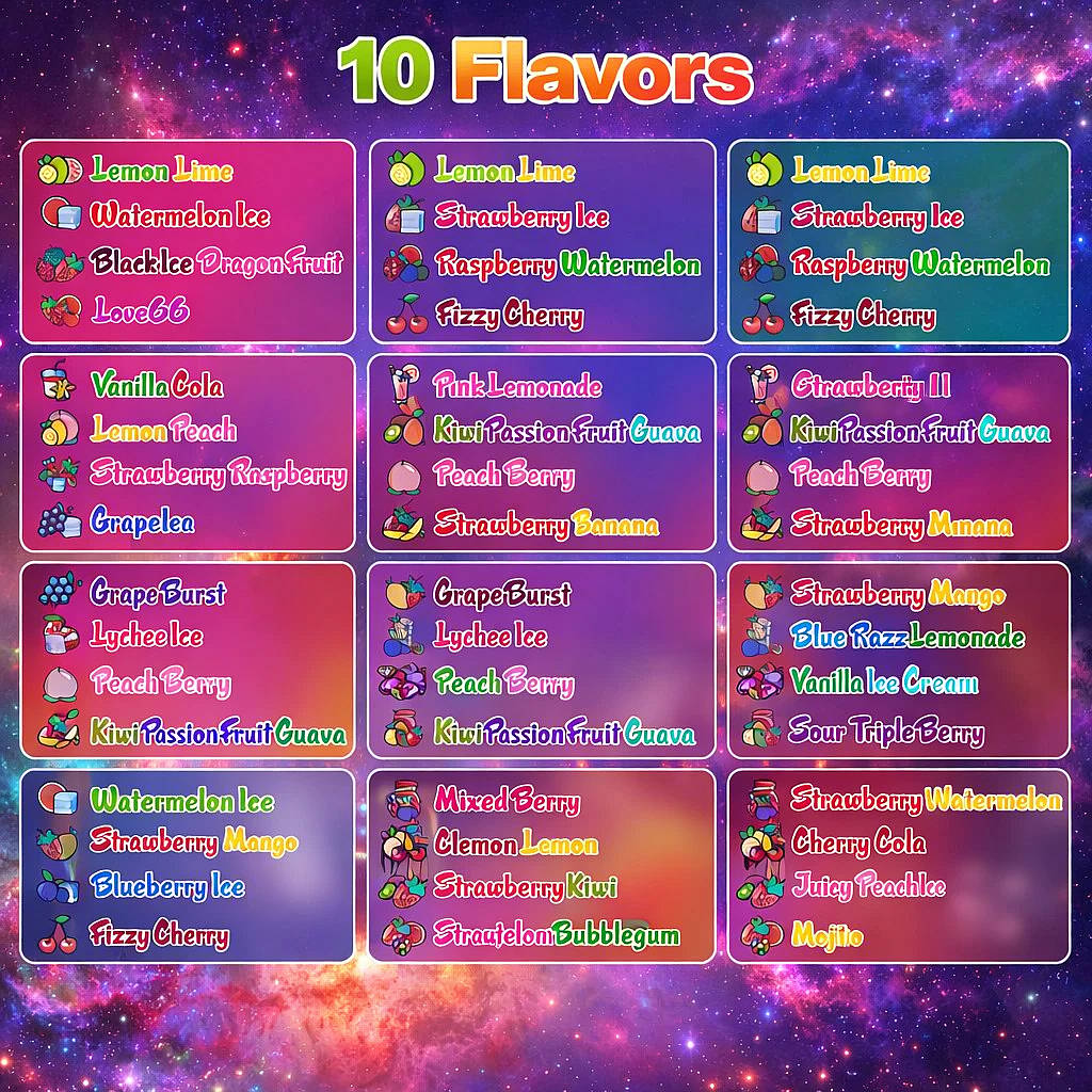 Bang King 250K flavor list image showing 4 in 1 Quads disposable vape flavor combinations, including Lemon Lime, Watermelon Ice, Strawberry Ice, Peach Berry, Grape Burst, Blue Razz Lemonade, Cherry Cola, and more