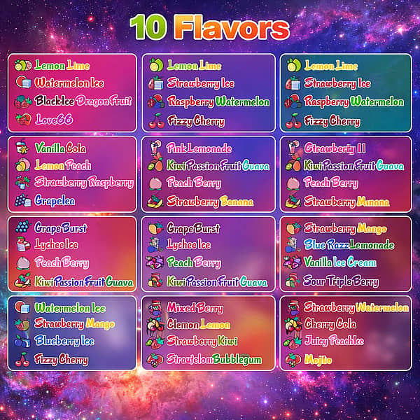 Bang King 250K Flavor List Bang King 250K Flavor List Image Showing 4 In 1 Quads Disposable Vape Flavor Combinations, Including Lemon Lime, Watermelon Ice, Strawberry Ice, Peach Berry, Grape Burst, Blue Razz Lemonade, Cherry Cola, And More
