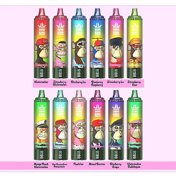 Bang King 40K flavors image showing 12 disposable vape options, including Watermelon, Strawberry Watermelon, Blueberry Ice, Blueberry Raspberry, Strawberry Ice, Strawberry Kiwi, Mango Peach Watermelon, Kiwi Passion Fruit Pomegranate, Peach Ice, Mixed Berries, Blueberry Grape, and Watermelon Bubblegum