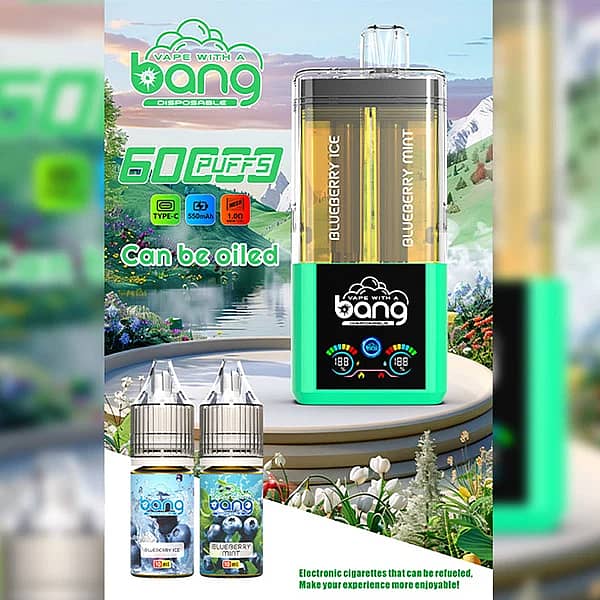 Bang 60K Refillable 2-in-1 60000 puffs vape with Blueberry Ice and Blueberry Mint dual flavor pods, Type-C rechargeable and refill bottles