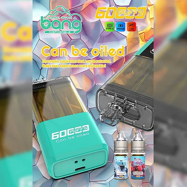 Bang 60K Refillable 2-in-1 60000 puffs vape device with Blueberry Ice and Blueberry Raspberry dual flavor, shown with refill bottles and Type-C rechargeable design