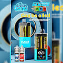 Bang 60K Refillable 2-in-1 60000 puffs vape device with Energy Drink and Watermelon Ice dual flavors, shown with refill bottles, digital display, and Type-C rechargeable design