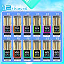 Bang 60K Refillable 2-in-1 60000 puffs dual flavor vape 12 flavors chart showing Watermelon Strawberry Watermelon, Mango Strawberry Mango, Mango Peach, Blueberry Watermelon, Triple Cherry, Strawberry Banana, Blueberry Raspberry, Cherry Coke, Blueberry Mint, Pineapple Ice, Watermelon Ice, and Blueberry Grape
