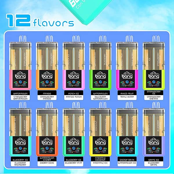 Bang 60K Refillable 2-in-1 60000 puffs dual flavor vape 12 flavors chart showing Watermelon Strawberry Watermelon, Mango Strawberry Mango, Mango Peach, Blueberry Watermelon, Triple Cherry, Strawberry Banana, Blueberry Raspberry, Cherry Coke, Blueberry Mint, Pineapple Ice, Watermelon Ice, and Blueberry Grape