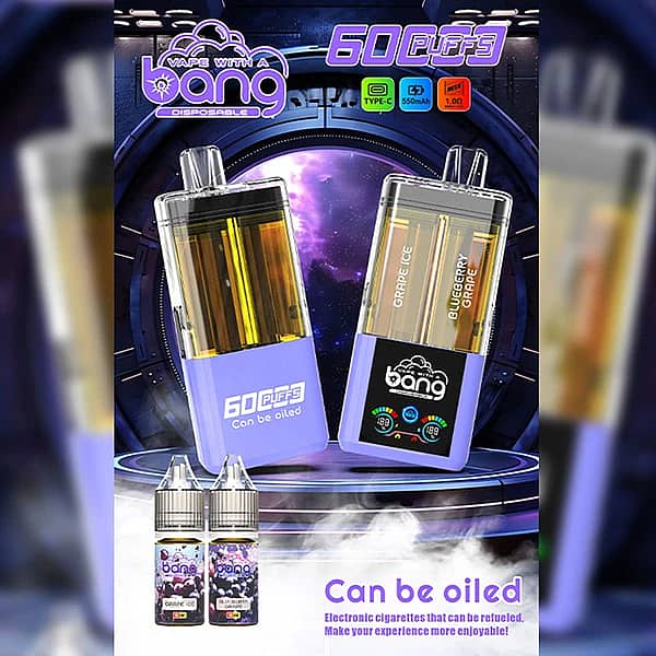 Bang 60K Refillable 2-in-1 60000 puffs dual flavor vape Grape Ice and Blueberry Grape refillable device with e-liquid bottles