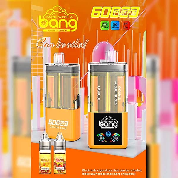 Bang 60K Refillable 2-in-1 vape device in Mango & Strawberry Mango flavors, 60000 puffs refillable kit