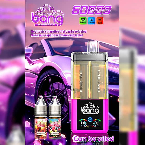 Bang 60K Refillable 2-in-1 vape in Mixed Fruit & Triple Berry flavors with refill bottles, 60000 puffs device