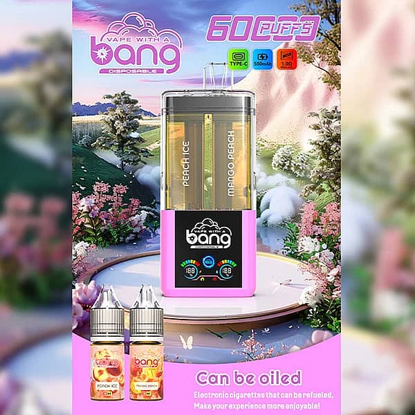 Bang 60K Refillable 2-in-1 vape with Peach Ice and Mango Peach flavors, 60000 puffs device with refill bottles