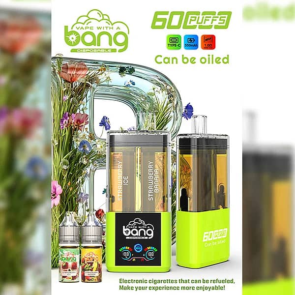 Bang 60K Refillable 2-in-1 vape with Strawberry Ice and Strawberry Banana flavors, 60000 puffs refillable device with matching e-liquid bottles