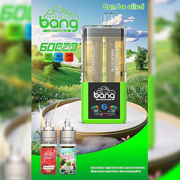 Bang 60K Refillable 2-in-1 vape with Watermelon and Blueberry Watermelon flavors, 60000 puffs refillable device with matching e-liquid bottles